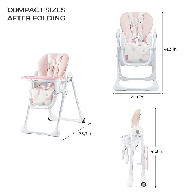 Kinderkraft Highchair Yummy, Baby Chair, Ergonomic, Comfortable, Reclining, Foldable, with Ajustable Height, Footrest, Detachable Double Tray, for Toddler, from 6 Month to 3 Years, Pink