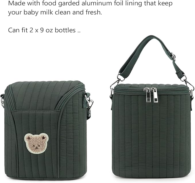 Lmbabter Embroidered Bear Stroller Organizer Tote Bag, Bottle Insulation Pouch, Portable Cooler Storage Essential for Milk/Breast Pump,Baby Travel Supplies (Green)