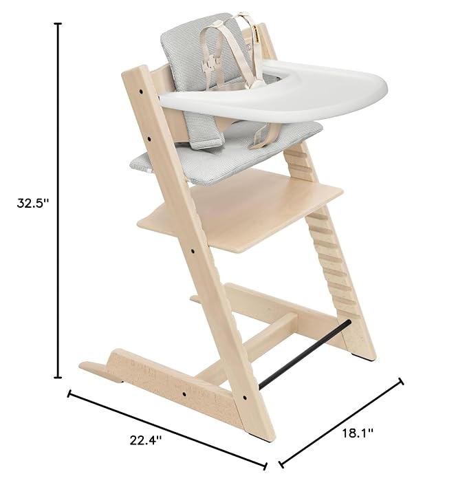 Stokke Tripp Trapp High Chair 2 (Natural), Cushion 2 (Nordic Grey) + Stokke Tray (White) - Includes Chair + Baby Set with Removable Harness for Children 6-36 Months