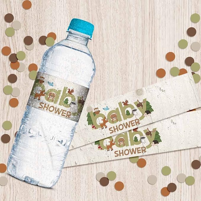Woodland Baby Shower with Owl, Bear, Deer, Moose, Squirrel and other Forest Animals Waterproof Water Bottle Sticker Wrappers 20 Wrap Around Labels Sized 1.75" x 8.5" by AmandaCreation