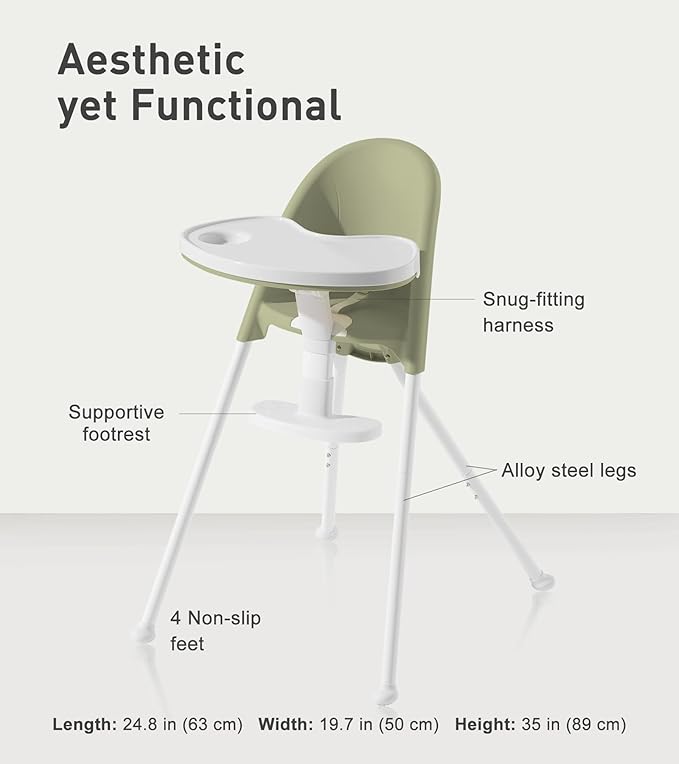 Mallify Foldable High Chair, Space-Saving Portable Baby High Chair with Removable Double Tray, Modern Convertible Baby Feeding Chair, Lightweight, Easy to Clean, Green