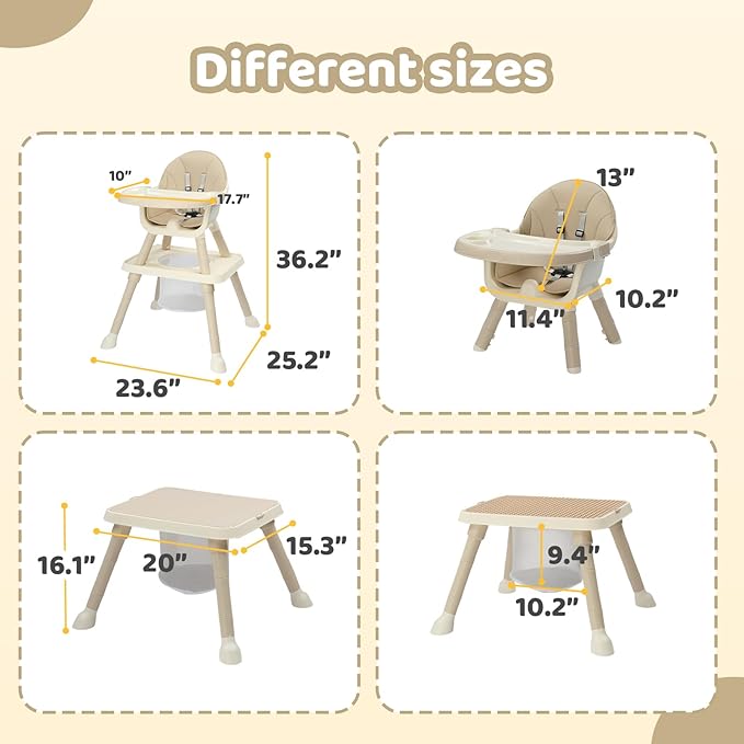 JOYMOR 7 in 1 High Chair for Babies and Toddlers, Convertible Kids Learning Table and Chair with Large Baske for Storage (Beige)