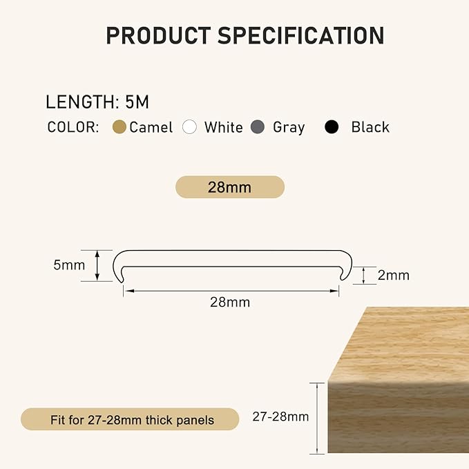 U-Shape Edge Banding 16.4ft Self Adhesive Rubber Trim, Fit 27-28mm Edge, TPE Flexible Furniture Protector for Wood Veneer Cabinet Repair and Restoration (Black, 28mm*16.4ft)