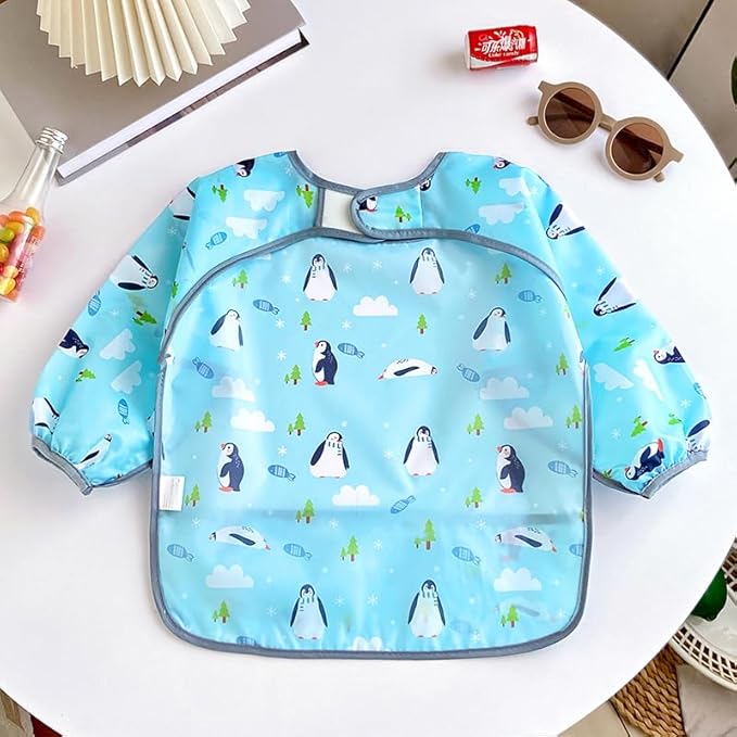 PandaEar 3 Pack Waterproof Long Sleeve Baby Bibs for Eating & Messy Play, Toddler Smock with Food Catcher Pocket, Lightweight Reusable Feeding Apron for Infant 6-36 Months (Bears, Penguins, Dinosaurs)