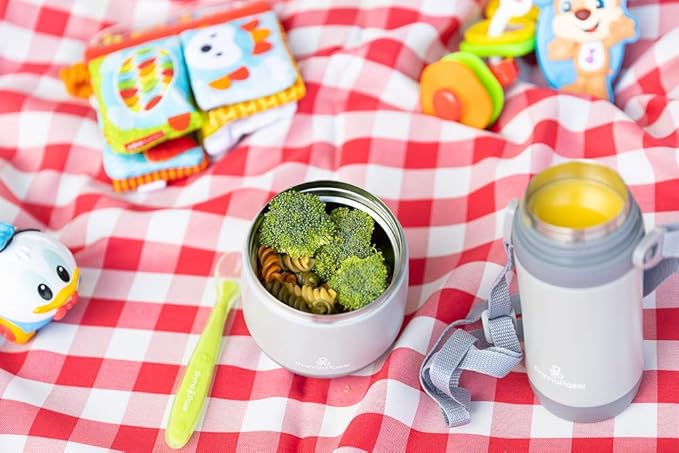 Primo Passi Insulated Food Jar for Kids & Babies – 12 oz / 350 ml Stainless Steel Thermal Food Container with Easy-Open Lid & Silicone Carry Strap – Keeps Food Hot or Cold for Up to 8 Hours (Grey)