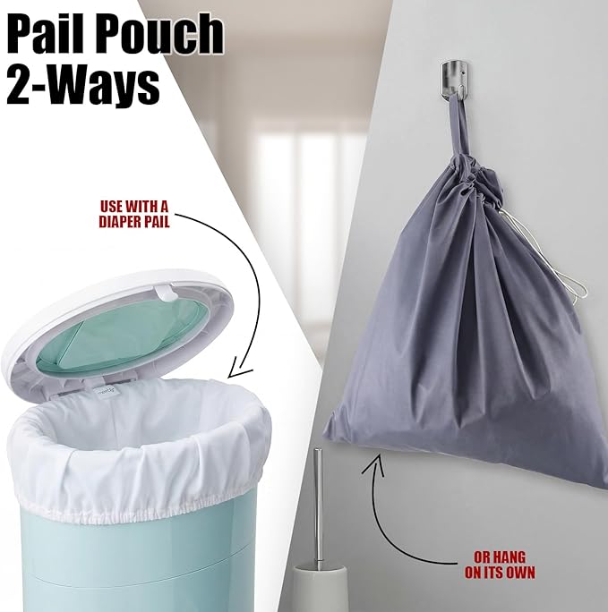 Tegeme 2 Pack Reusable Cloth Diaper Pail Liner Bags, Hangable Pail Liner with Strap, Reusable Laundry Bag Waterproof Pouch for Cloth Diaper, Laundry and Garbage, Grey & White