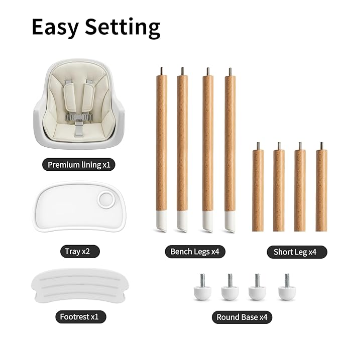 Baby High Chair Wooden Highchair with Removable Tray, Adjustable Legs, Cushion, 5-Point Harness & Footrest, Cream