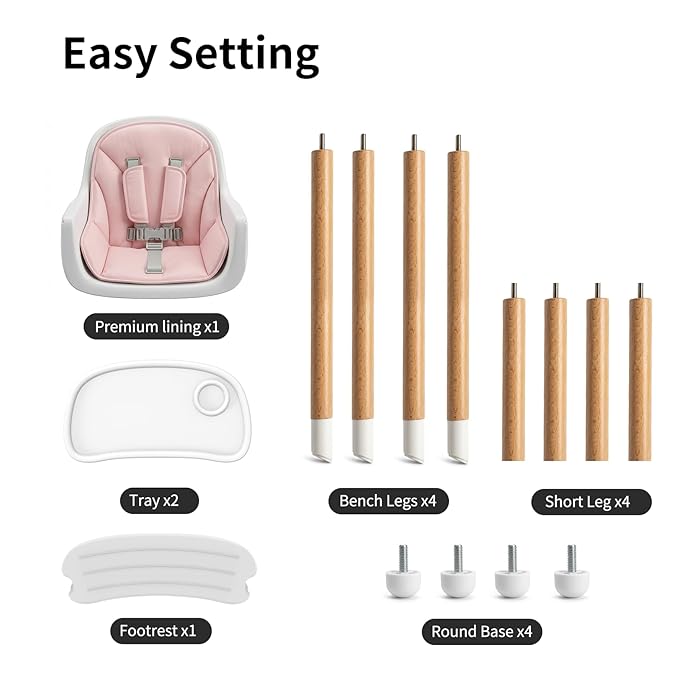 Baby High Chair, Wooden Highchair with Removable Tray, Adjustable Legs, Cushion, 5-Point Harness and Footrest for Infants, Baby, Toddlers, Pink