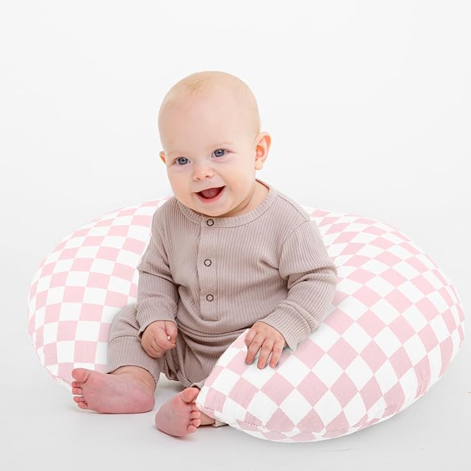 DILIMI Muslin Nursing Pillow Cover 2 Pack, Removable Nursing Cover for Breastfeeding Pillows, Ultra Soft Comfortable Slipcover for Baby Girl and Boy, Pink and Checkered