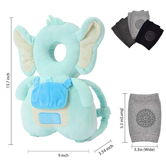 Baby Head Protector & Knee Pads for Crawling, Toddlers Head Safety Pad Adjustable Backpack, Baby Back Protection for Walking & Crawling, Cute Elephant