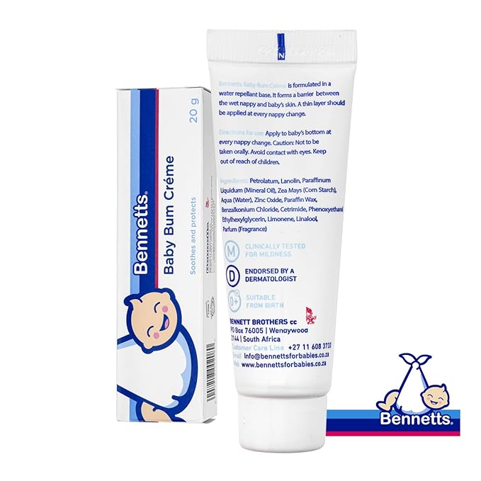 Bennetts Baby Bum Cream 20g – Water-Repellent Diaper Barrier Cream for Newborns – Protects Against Nappy Rash & Redness