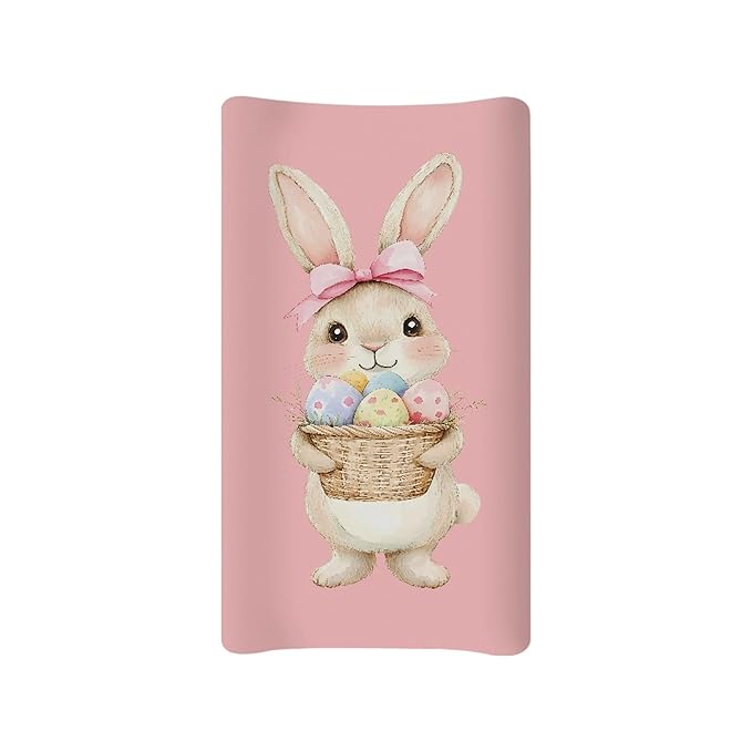 Rabbit Easter Egg Changing Pad Cover for Baby Girls Easter Day Comfortable Diaper Change Table Pad Covers Soft Breathable Changing Pad Sheets Cover Pink