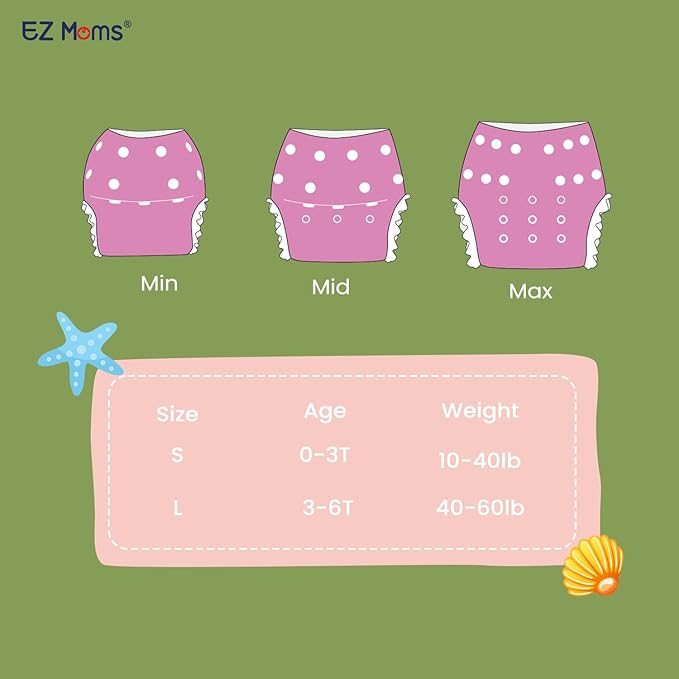 EZ Moms Baby Swim Diapers Reusable 2Pcs Snap One Size Adjustable Washable Newborn Infant Swim Diaper with a Shammy Towel for Baby Girl Water Diaper Waterproof Swimming Diapers for Swimming Lessons