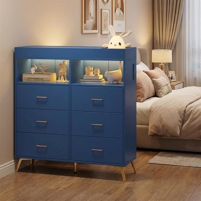 Jojoka Nursery Changing Table Dresser with LED Lighting and Charging Function, 6 Drawer Storage Dresser with 2 Open Compartments, Convertible Baby Diaper Station for Nursery and Bedroom Use