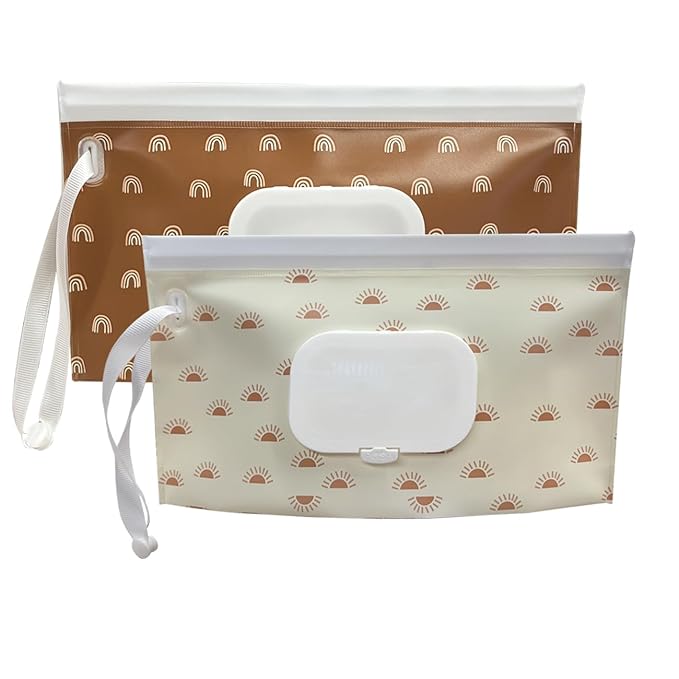 Baby Wipe Holder,Wipe Dispenser,2-Pack Portable Refillable Wipe Container,Reusable Travel Baby Wipes Case, Waterproof and Dustproof, Wipe Holder for Diaper (Bohemian Sun & Rainbow)