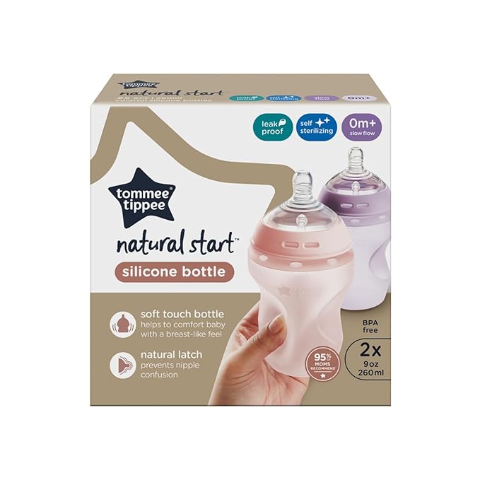 Tommee Tippee Natural Start Anti Colic 9 oz BPA Free Silicone Baby Bottles, 0+ Months, Silicone Feels Like Mother's Skin, Slow Flow Breast-Like Nipple, Pink and Purple, Pack of 2