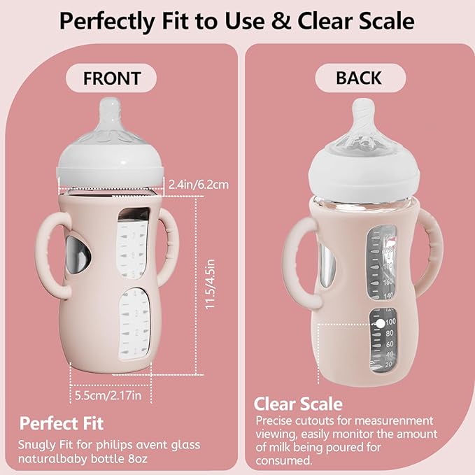 4 Pack Silicone Sleeves for Avent Natural Glass Bottles, Anti Breakage Baby Bottle Protector with Easy-Grip Handle, Compatible with Philips Avent Glass Natural Bottle 8 oz, Not for Infant Use