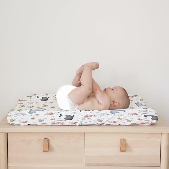 Sea Animals Changing Pad Cover Whale Dolphin Jellyfish Sea Horse Turtle Fish Coral Fitted Baby Change Table Sheets for Boy Girl Ocean Soft Stretch Fitted Changing Table Pad Cover Mats 32''x16''
