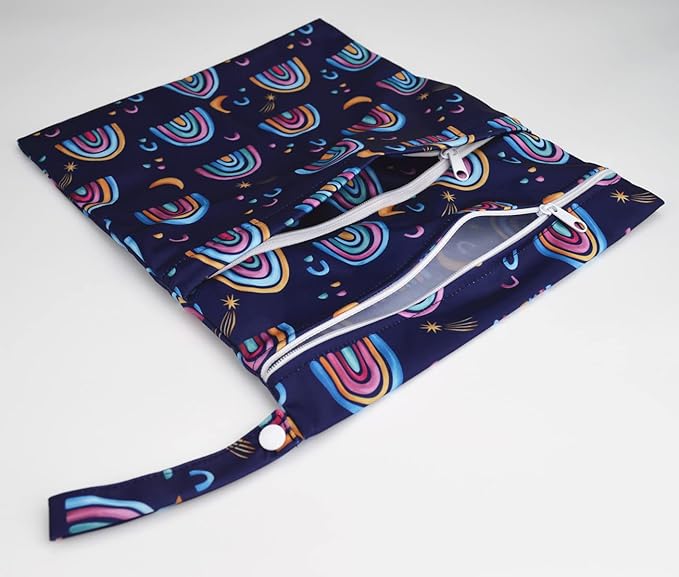 Wet Dry Bag Baby Cloth Diaper Nappy Bag Reusable Washable With Two Zippered Pockets (Rainbows Purple)