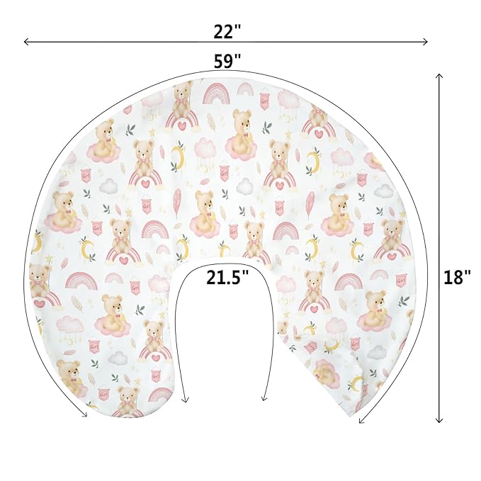 Watercolor Bear Rainbow Pink Baby Nursing Pillow Covers for Girl Boy Cute Bears Moon Stars Clouds Nursery Slipcovers for Breastfeeding Pillows Pastel Animal Soft Stretchy Cover for Newborn Infant