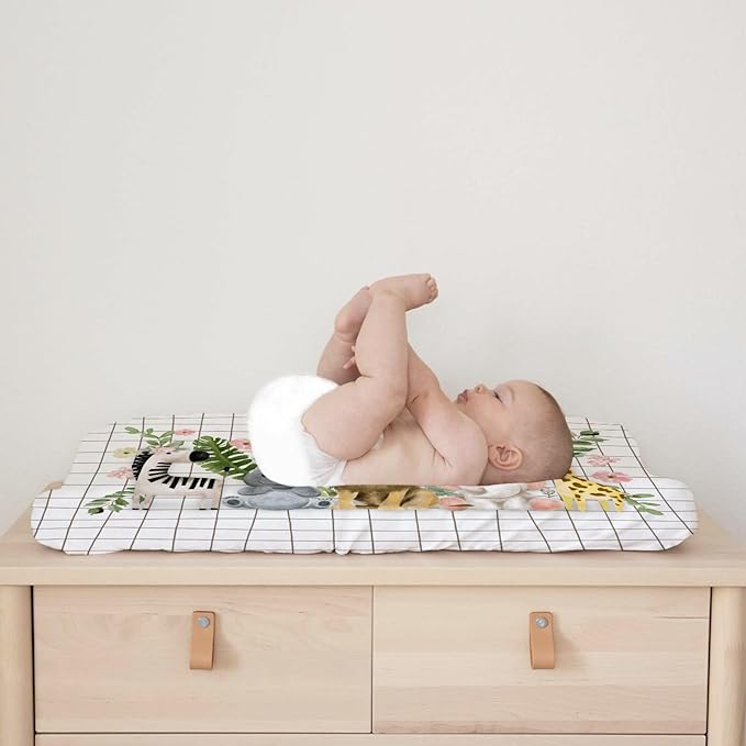 Baby African Safari Animals Changing Pad Cover Lion Elephant Giraffe Hippo Zebra Floral Leaves Baby Changing Table Pad Sheet for Boy Girl Soft Breathable Stretchy Diaper Changing Table Mat 32''x16''