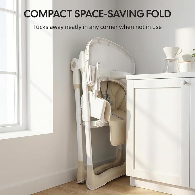 Sunchild 3-in-1 Baby High Chair with Wheels, 5-Point Harness, Tray, Footrest, and Backrest, Foldable and Adjustable for Toddlers 6-36 Months, Beige