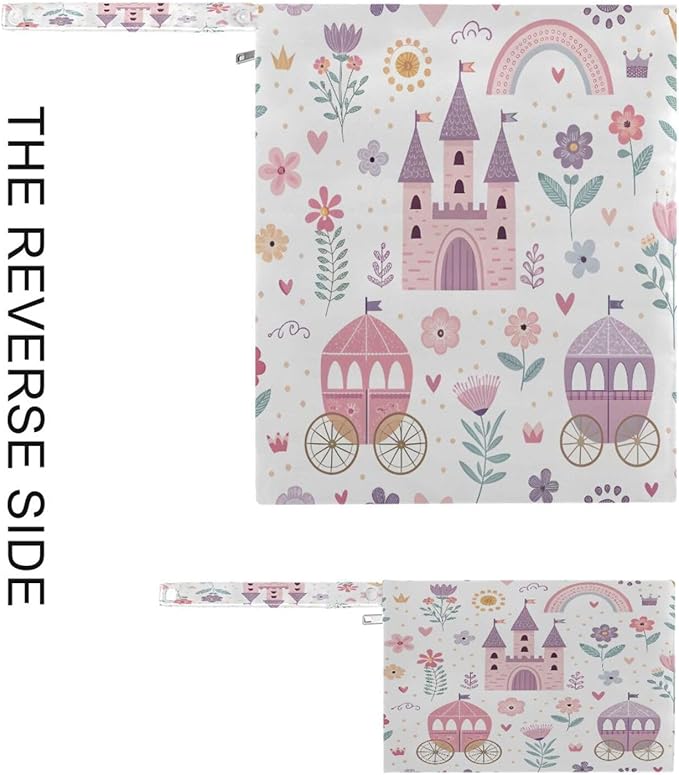 2 Pack Princess Castle Pink Cloth Diaper Wet Dry Bags,Waterproof Reusable Wet Bag with Two Zipper Pockets& Handle,Washable for Swimming,Travel,Beach,Pool or Wet Clothes
