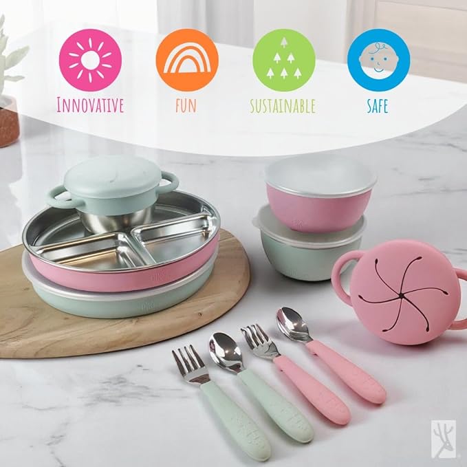 Elk and Friends Kids Stainless Steel Mealtime Bundle | Plates, Bowls, Snack Cups + Toddler Utensils | Silicone Sleeves + Travel Storage Lids | For Meals + Snacks | Dishwasher Safe