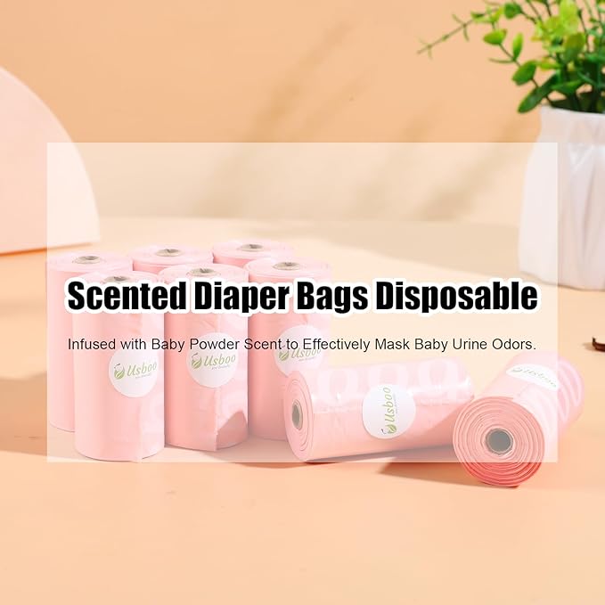 USBOO Disposable Diaper Bags for Baby - 8 Refill Rolls (120 Pack), Disposable Trash Bag with Dispenser - Cherry Blossom Scented, Pink, Ideal for Diaper Disposal