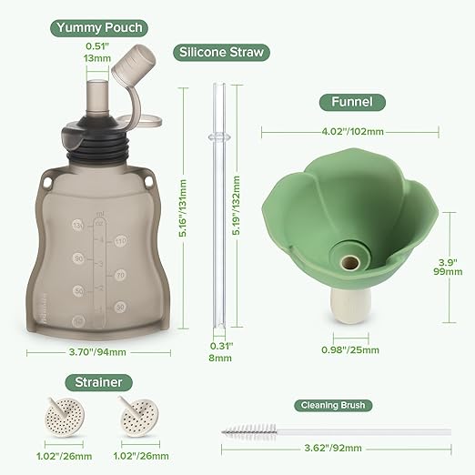 haakaa Fill & Go Yummy Pouch & Flower Funnel Combo - Grey Pouch (2pcs) + Spring Green Funnel