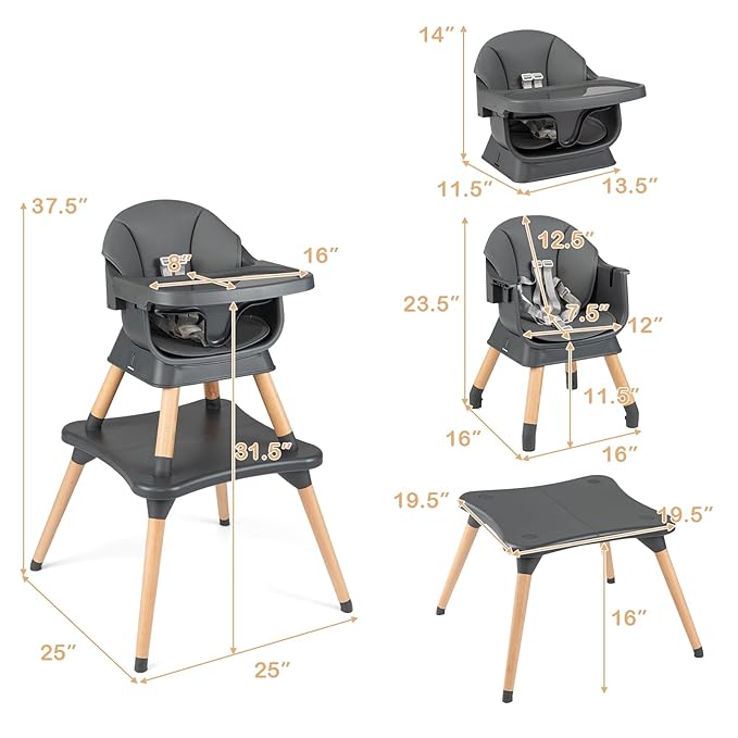 HONEY JOY 9-in-1 Baby High Chair, Convertible Wood Highchair for Babies and Toddlers/Dining Booster Seat/Table & Chair Set, Toddler Stool w/5-Point Safety Harness, Removable Cushion & Tray (Dark Gray)