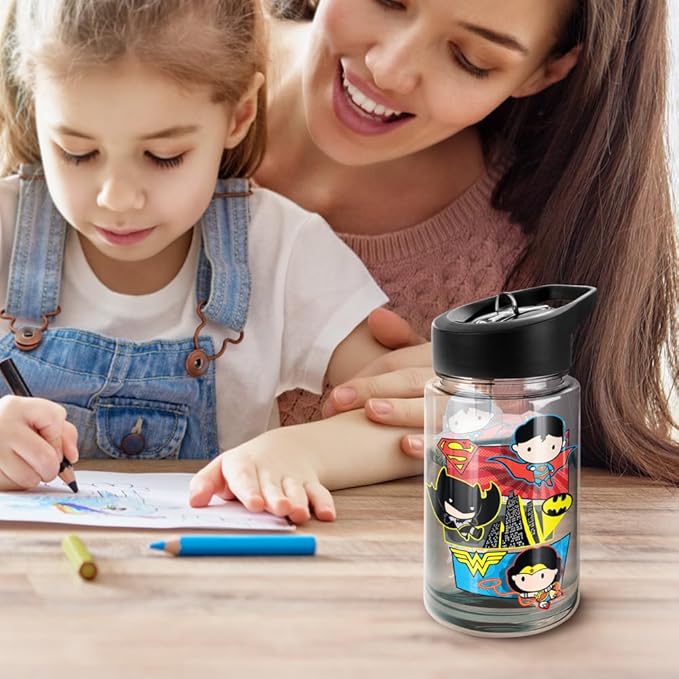 LOGOVISION Justice League Kids Tritan Plastic Water Bottle with Straw Lid and Handle, Reusable Tumbler for Toddlers, Unisex for Girls and Boys, 12oz, Trio Panels