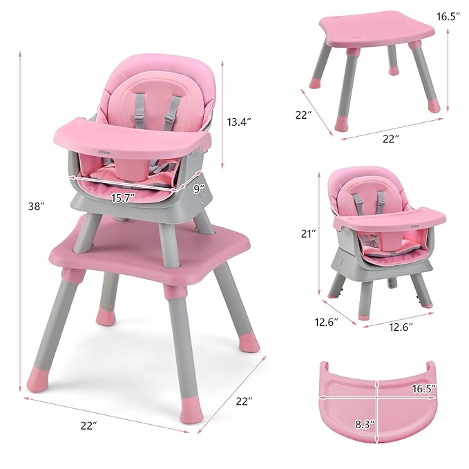 INFANS 8 in 1 Baby High Chair, Convertible Highchair for Babies and Toddlers, Infant Dining Booster Seat, Building Block Table, Kids Stool Table Chair Set with Removable Tray (Light Pink)