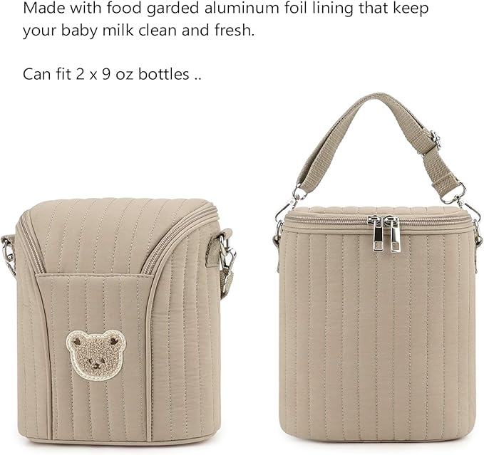 Lmbabter Embroidered Bear Stroller Organizer Tote Bag, Bottle Insulation Pouch, Portable Cooler Storage Essential for Milk/Breast Pump,Baby Travel Supplies (Brown)