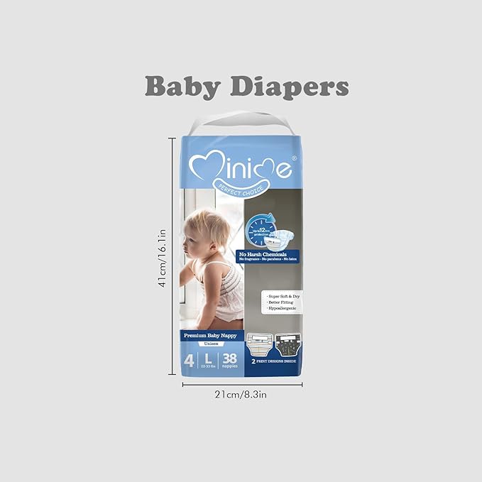 Minime Baby Diapers - Size 4 (22-33 lbs), Large, 38 Count, Premium Ultra Soft Disposable Baby Diapers, Hypoallergenic, Fragrance Free