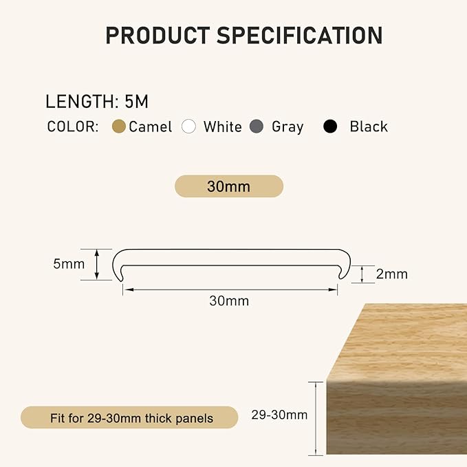 U-Shape Edge Banding, HeiPen 16.4ft Self Adhesive Rubber Edge Trim, Fit 29-30mm Edge, TPE Flexible Furniture Edge Protector for Wood Veneer Cabinet Repair Furniture Restoration (Black, 30mm*16.4ft)