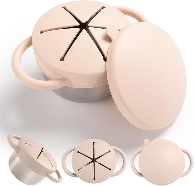 Bufilea 1 Pack Snack Containers for Toddlers, Stainless Steel Toddler Snack Cups with Silicone Food Catcher & Lids,Snack Cups for toddlers Spill Proof