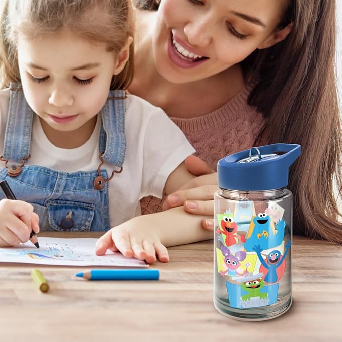 LOGOVISION Sesame Street Kids Tritan Plastic Water Bottle with Straw Lid and Handle, Reusable Tumbler for Toddlers, Unisex for Girls and Boys, 12oz, Character Panels