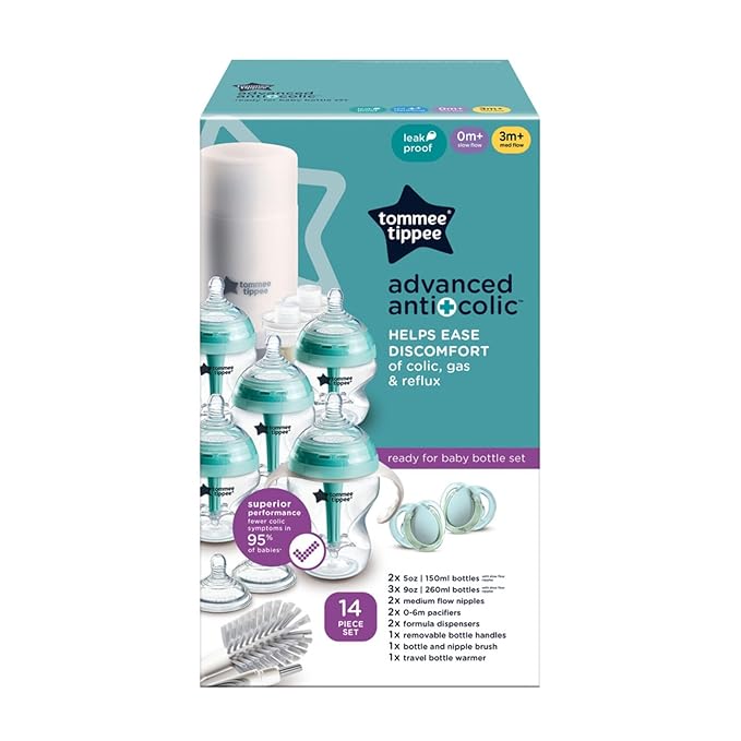 Tommee Tippee Advanced Anti-Colic 14 Piece Baby Bottle, Travel Bottle Warmer & Pacifier Set, 5 BPA Free Bottles, 0+ Months, 2 Newborn Pacifiers, 2 Extra Nipples, Cleaning Brush, Bottle Handles