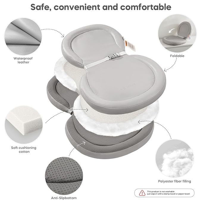 Mamatepe Baby Changing Pad, Waterproof Wipe-Clean PU Foldable On-the-Go Travel Mat, Non-Slip with Adjustable Safety Belt for Dresser & Changing Table, 30"x18", Gray