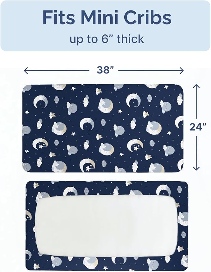 2-Pack Mini Crib Sheets Fitted - Pack N Play Sheets for Pack and Play Mattress - Stretchy Soft Microfiber Playard Bedding - Mini Toddler Bed Cover for Boys & Girls - Oeko-Tex - 38 x 24in, Dream Sky