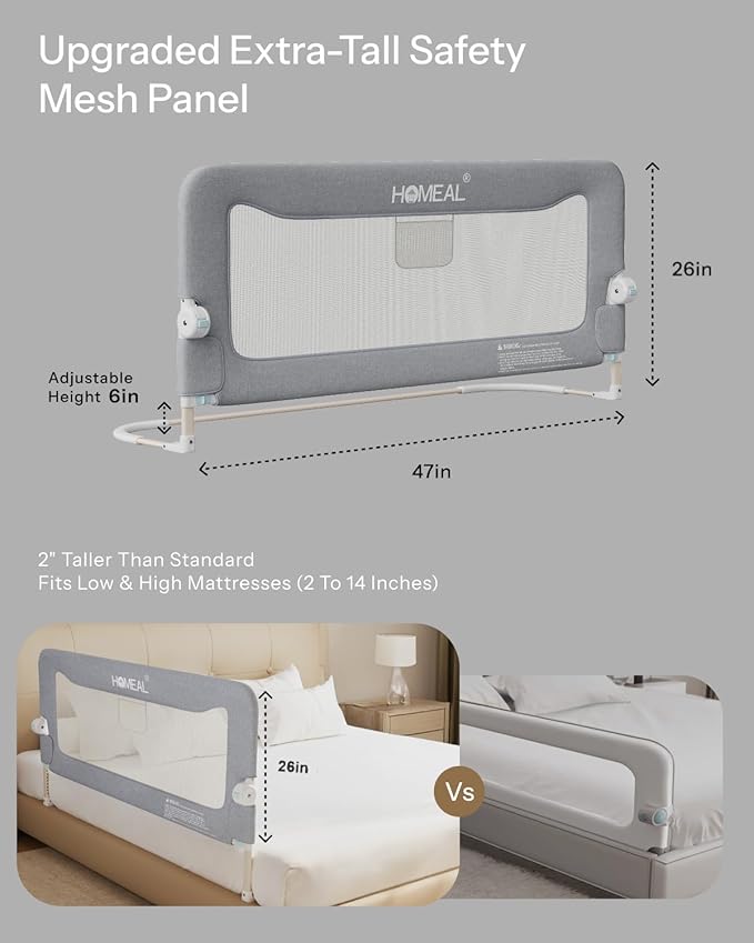 HOMEAL Bed Rail for Toddlers,47" x 26" Grey, Long Tall Foldable Baby Bed Rail Guard for Easy Use and Storage, U-Shaped Base Width Increased by 4", Suitable for Twin, Full, Queen, King Size Bed