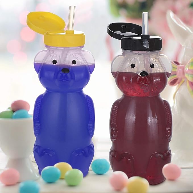 2 Pack Honey Bear Straw Cups with 4 Flexible Straws & Cleaning Tools(2 Straw Brushes &1 Bottle Brush), 8-Ounce Therapy Sippy Bottles for Speech and Feeding Training, Leak-Proof & Food-Grade & BPA Free