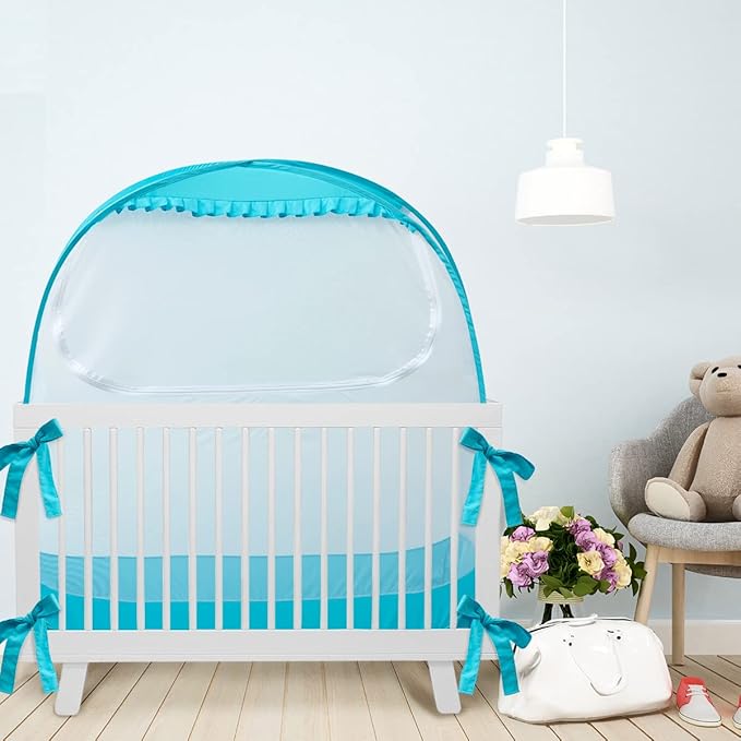 L RUNNZER Baby Pop Up Tent, Toddler Safety Net to Keep Baby from Climbing Out, See-Through & Breathable Crib Canopy Against Falls & Bites, Fits Most Standard Cribs