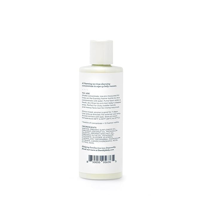 Esembly Wipe Up Wash Bundle, Organic No-Rinse Foaming Solution for Reusable Baby Cloth - Fragrance Free - Includes Refillable Foamer Bottle and 8oz Concentrate