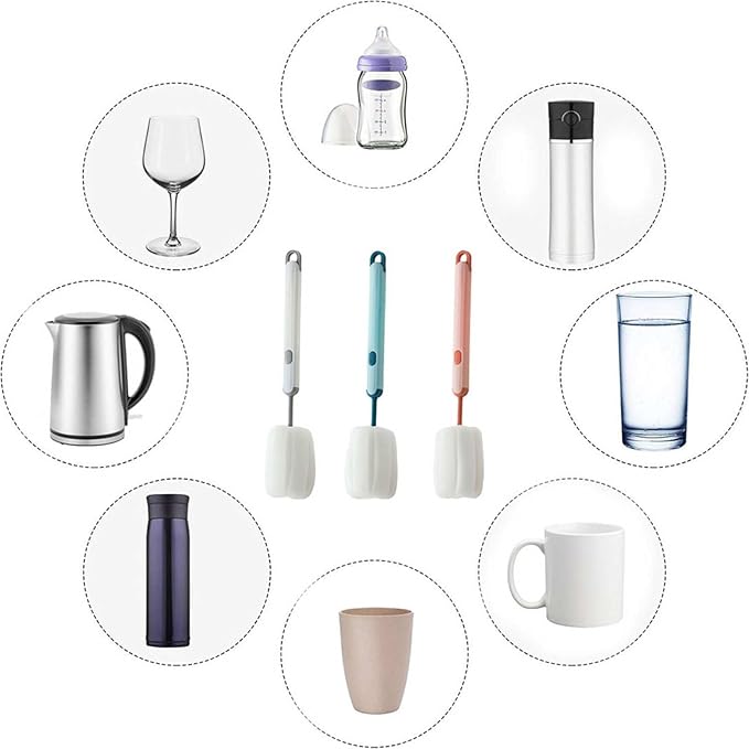 Bottle Brush Long Handle Cup Cleaner Brush Sponge Bottle Scrubber Detachable Handle Portable Sponge Cleaning Brush for Cups Wine Glasses Water Bottles Baby Bottles and Vacuum Flasks(3 PCS)