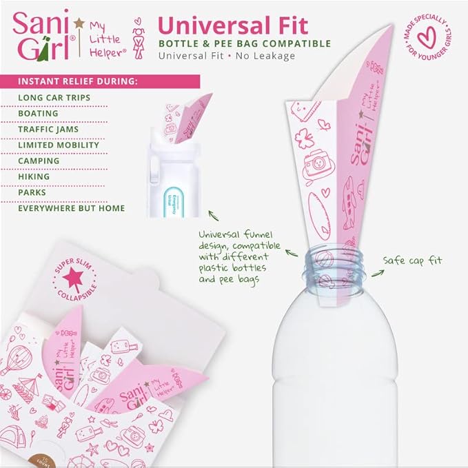 SanGirl My Little Helper Girl Pee Funnel | Disposable Pee Funnel | Pee Cup for Kids | Girl Urinal Portable | Travel Potty Aid for Girls to Stand to Pee and Stay Neat Clean On the Go (Pack of 15)