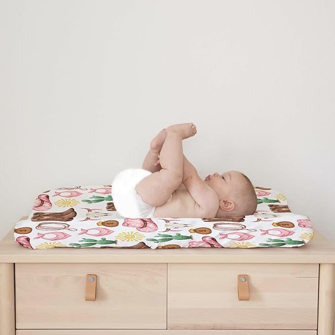 Western Cowgirl Baby Changing Pad Cover for Boys & Girls 32''x16'' Desert Cowboy Hat Boot Sun Cactus Unisex Fitted Changing Table Mats Sheets Soft Breathable Cradle & Bassinet Sheets Pink