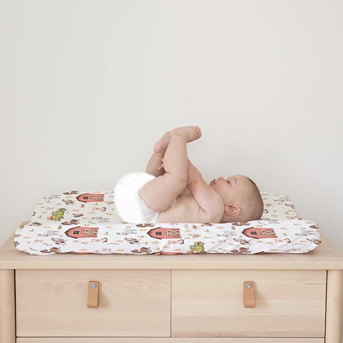 Baby Farm Life Changing Pad Cover for Boy Girl 32''x16'' Farm Animals Pig Goat Horse Cow Chick Rooster Duck Leaves Barn Truck Fitted Changing Pad Sheets Soft Breathable Diaper Change Table Mats