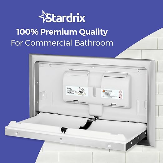 Stardrix Panda Care Stainless Steel Recessed Mounted Baby Changing Station, Heavy Duty Foldable Diaper Changing Table with Liner Dispenser and Adjustable Safety Belt for Commercial and Business